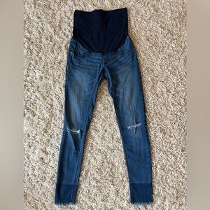Indigo Blue Maternity Jeans. Ombré skinny leg with a distressed dark wash. XS